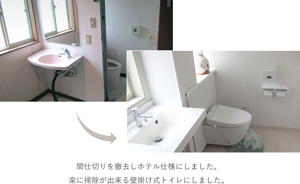 間仕切りを撤去しホテル仕様にしました。楽に掃除が出来る壁掛け式トイレにしました。